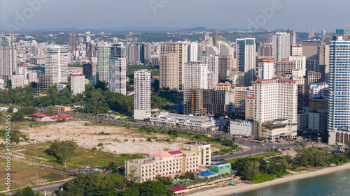 Konstfotografi The high-rise office buildings of Sihanoukville, a coastal city, are captured from a drone