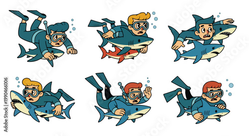 Cartoon divers interacting with sharks underwater illustration