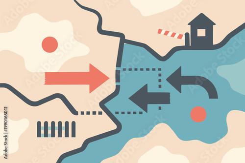 border conflict, conflict map, territory map, boundary lines, geopolitical concept, global tension, map illustration, abstract map, zone division, border lines, checkpoint concept, barrier symbol, sec