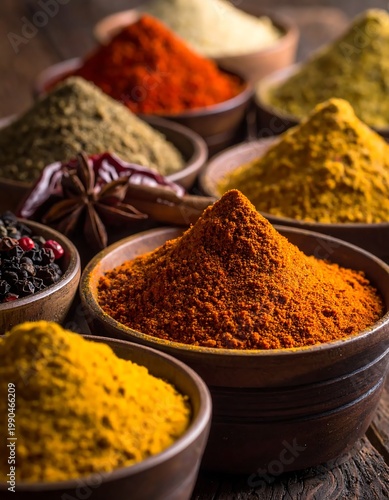 Vibrant Assortment Of Aromatic Ground Spices And Whole Peppercorns In Rustic Clay Bowls On Dark Wooden Background