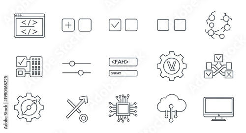 Collection of Hand Drawn Icons Representing Technology and Software Development Concepts.
