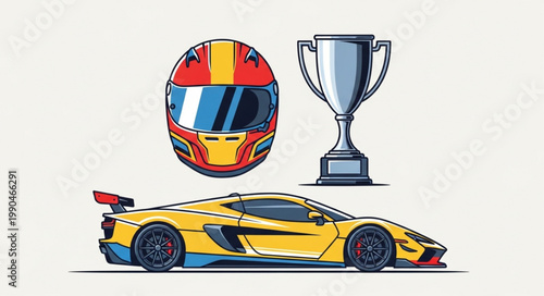 Racing Car Helmet and Trophy Illustration.