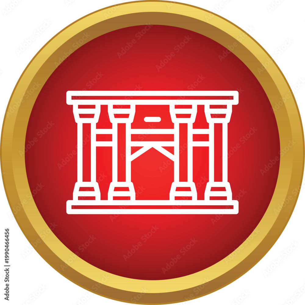 Fototapeta premium Ancient architectural temple structure appearing as an outline icon on a red background