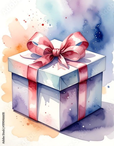 Watercolor Gift Box Illustration With Pink Ribbon And Bow On Colorful Abstract Background For Holidays And Celebrations