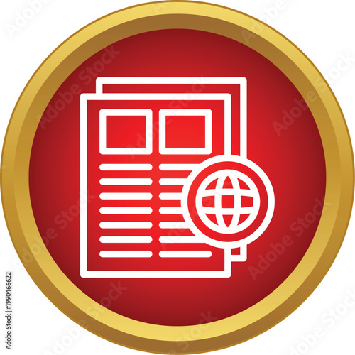 Newspaper icon representing worldwide information and journalism in a red and gold circle