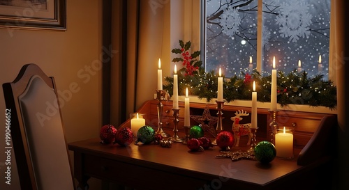 Lit candles on table decoration near window holiday scene