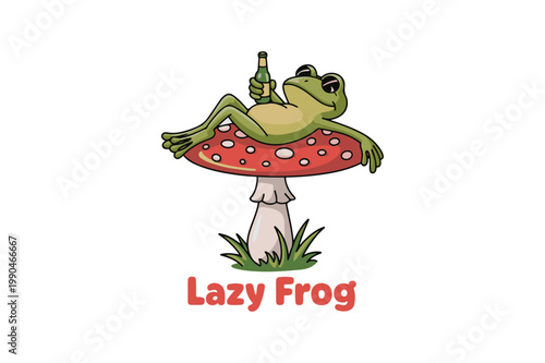 Isolated vector illustration of a cute red fly agaric mushroom with white spots growing in the green forest grass as a poisonous autumn toadstool fungus