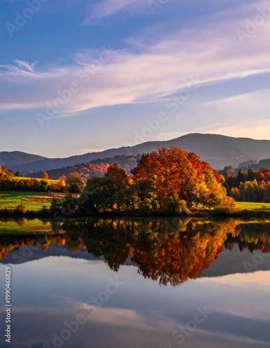Vibrant Autumn Forest Reflected In Calm Lake At Sunset With Distant Mountains And Soft Blue Background