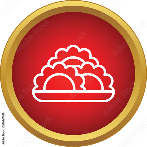 White outline icon of eastern european dumplings or pierogi on a tray inside a red button