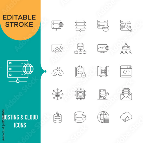 Hosting and Cloud Infrastructure Line Icons Set – Editable Stroke Server, Database, SSL, Web Hosting Outline Vector Pack