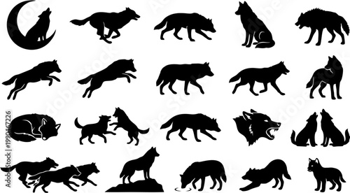 Collection of Silhouette Vector Graphics of Wolves in Various Poses and Actions, Ideal for Wildlife and Nature Themed Designs