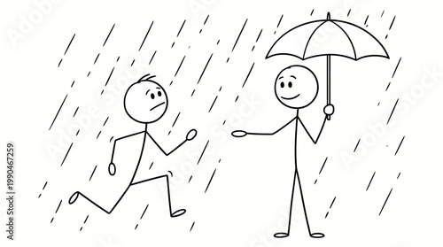 Cartoon man with umbrella assisting another person running through a sudden downpour