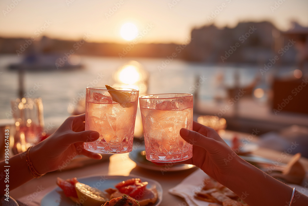 Obraz premium Sunset celebration with friends, toasting gin cocktails by the waterfront Generative AI