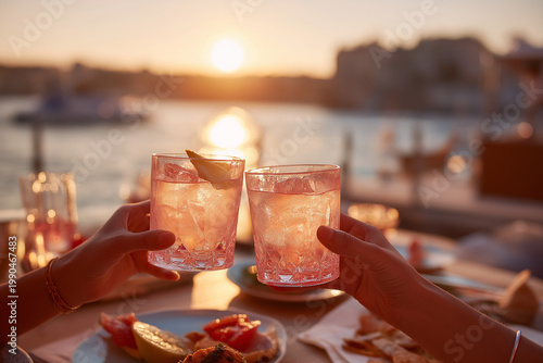 Sunset celebration with friends, toasting gin cocktails by the waterfront Generative AI