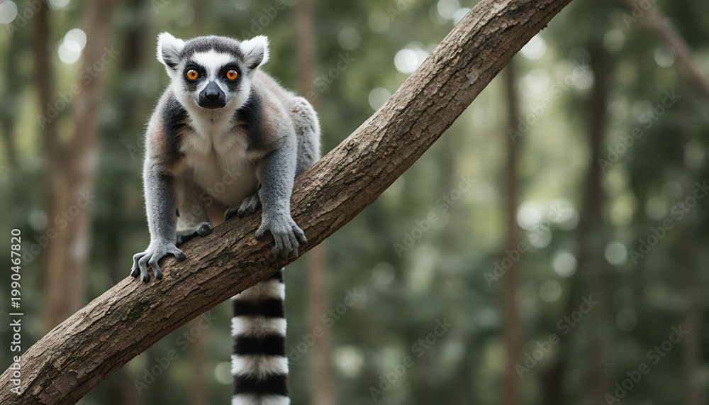 Fototapeta premium Ring-tailed lemur sitting on a tree branch in a forest with wildlife madagascar adorable outdoors