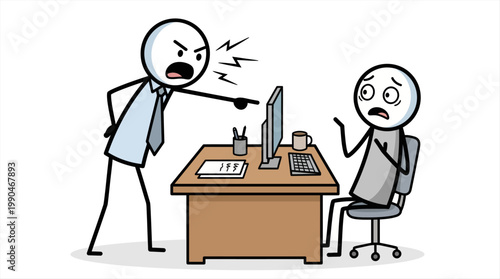 Angry boss shouting at a stressed employee in a tense office environment