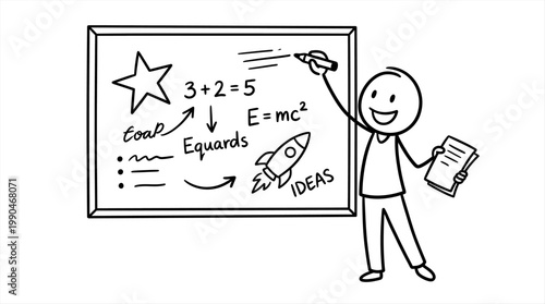Drawing of a man at a whiteboard, illustrating concepts with drawings and equations
