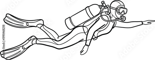 Scuba diver swimming underwater line art illustration, marine exploration scene with diving gear and ocean adventure concept design