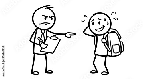 Angry boss pointing at stressed employee with backpack, fear and pressure concept