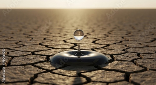 A drop of water forming a splash on cracked desert land, sunrise