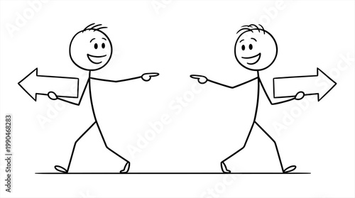 Two stick figures pointing at each other holding directional arrows