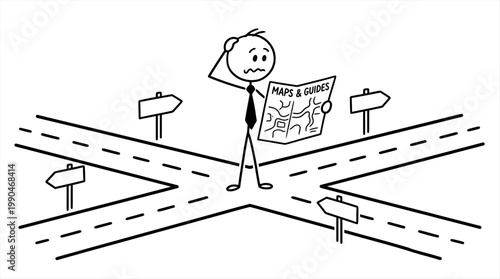 Confused Stick Figure Lost at Crossroads Holding a Map