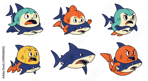 Cartoon sharks with various facial expressions