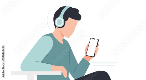 Flat vector illustration of a man using a smartphone with headphones