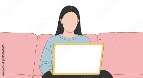 "Young woman sitting on sofa working on laptop illustration"