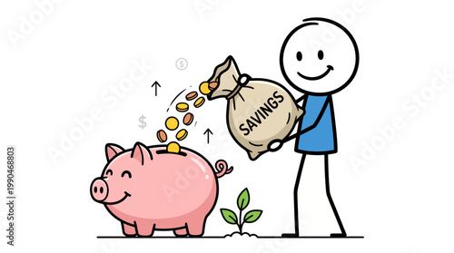 Visualizing financial discipline a stick figure actively saving coins into a piggy bank for future prosperity and growth