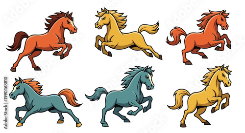 Colorful running horses illustration vector design elements