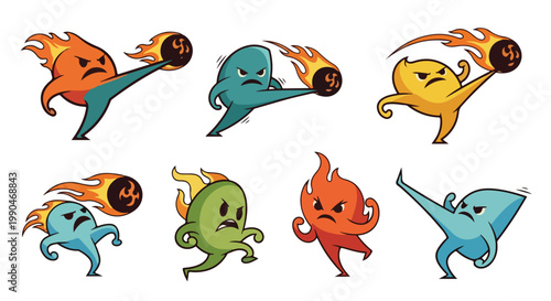 Cartoonish fire element characters kicking with angry expressions