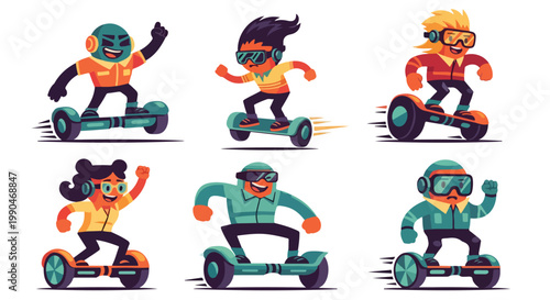Diverse group hoverboard riders action graphic illustration