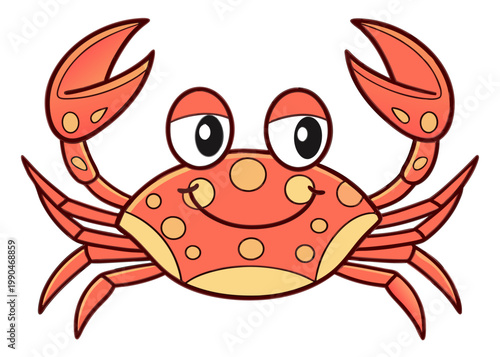 A red cartoon crab with yellow spots and sleepy eyes smiles while holding its claws up in the air against a solid white background.