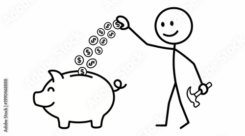 Financial discipline Stick figure diligently saving coins in a happy piggy bank for future prosperity