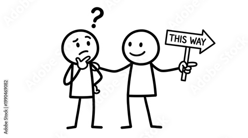 Confused person receiving guidance from a friend pointing the right way