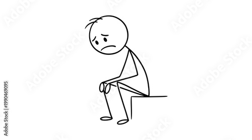 Sad stick figure sitting alone with head down and looking glum