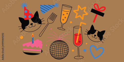 Cute cat birthday party vector illustration set with cake, champagne flutes, disco ball, and gift box elements for festive celebration design assets