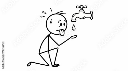 Thirsty Stick Figure Kneeling Under Dripping Faucet Seeking Water