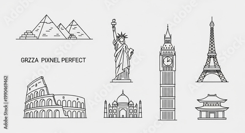 Famous World Landmarks Collection Line Art Illustration.