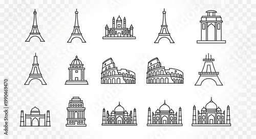 Collection of Famous Landmark Icons in Line Art Style.