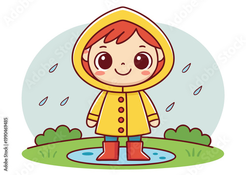 A red-haired child in a yellow hooded raincoat and red boots stands in a blue puddle on a green lawn with rain falling.