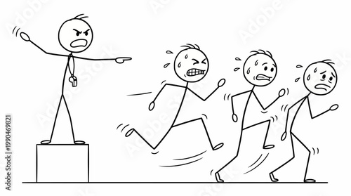 Angry boss yelling and pointing, pushing employees to run away from work