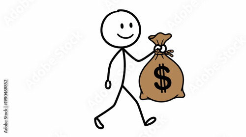 Happy stick figure carrying a sack of money, symbolizing financial success and wealth achievement