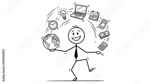 Effective multitasking stick figure balances diverse responsibilities and ideas