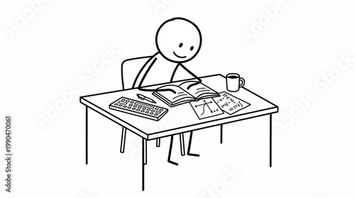 Stick figure student studying at a desk with books and a keyboard
