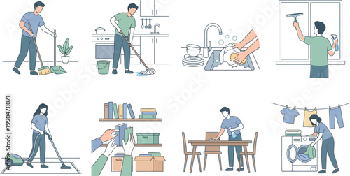 Everyday household chores performed by individuals in various rooms Vector