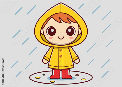 An orange-haired child in a yellow hooded raincoat and red boots stands in a circular puddle with gold coins on a gray background.