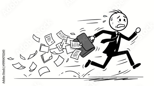 Photos Cartoon Businessman Rushing, Dropping Documents from Briefcase in Panic