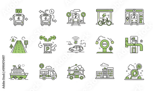 Premium 15 EV Public Transit  Green City Logistics Icons - Electric Bus  Train, Smart Parking, Solar Marine Transport  Sustainable Urban Infrastructure Graphics